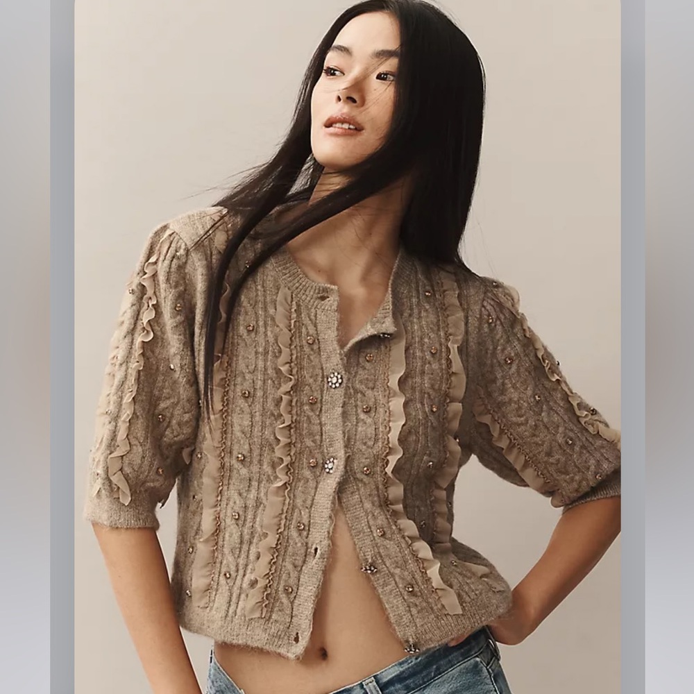 NEW Maeve Short-Sleeve Embellished Ruffled Cardigan Sweater - Picture 2 of 13